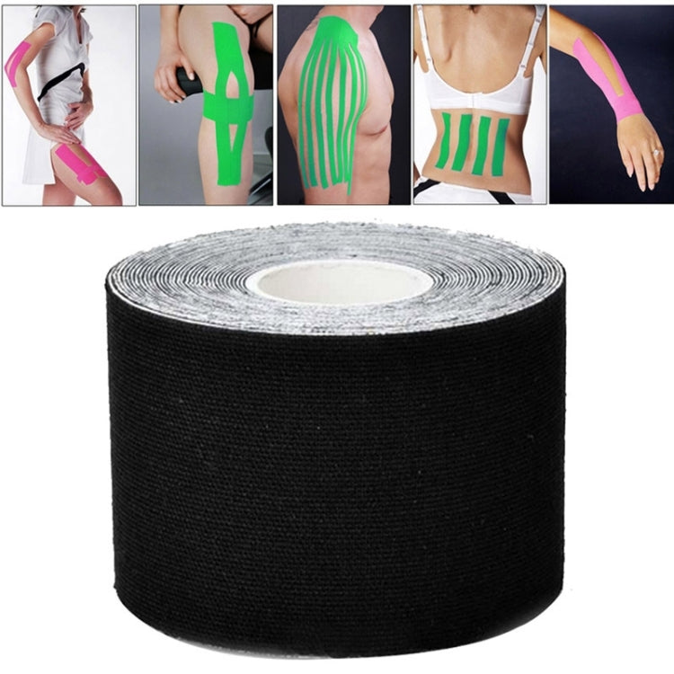 Black waterproof sports muscle tape roll, 5cm wide tape wound on inner core.