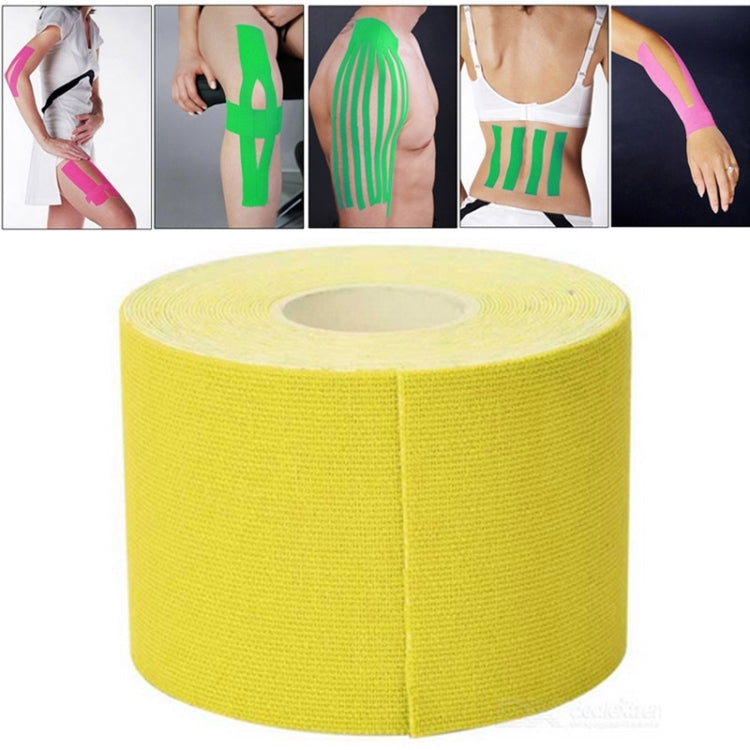 Yellow waterproof sports muscle tape roll, 5cm wide roll wound on inner core.