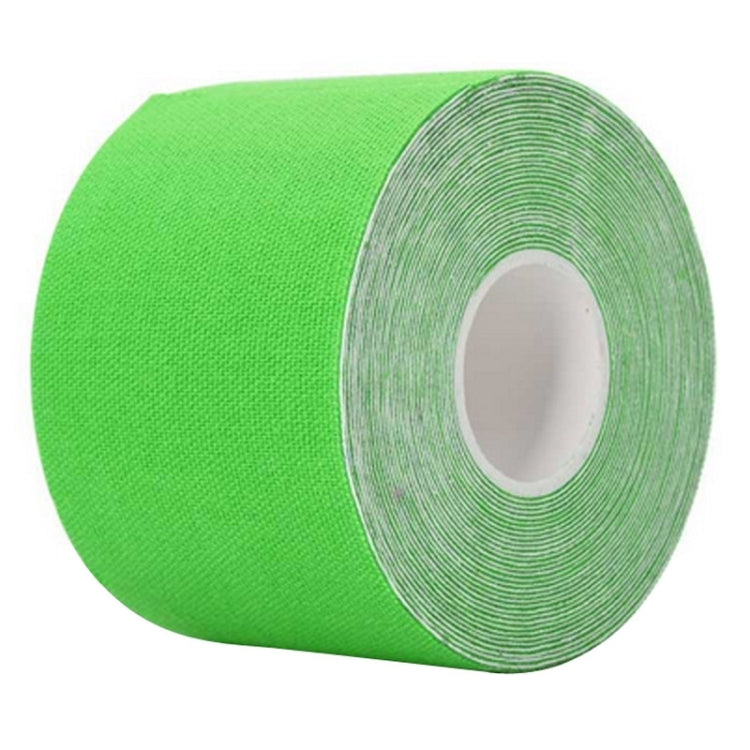 Green waterproof sports muscle tape roll end view, showing layered tape edge.