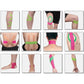 Sports muscle tape applied to arms and legs in green and pink strips.