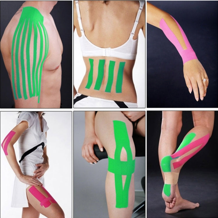 Waterproof sports muscle tape applied to body, green and pink strip patterns.