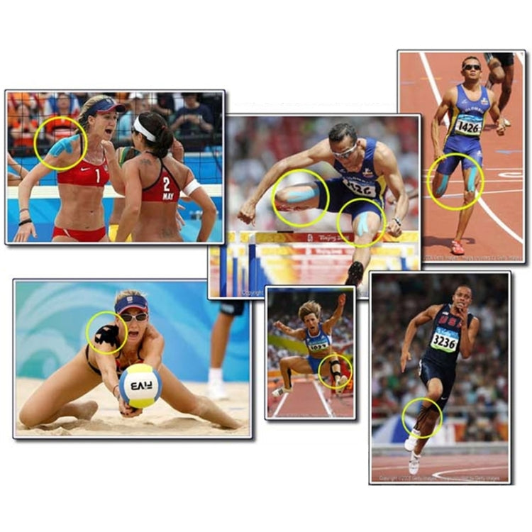 Sports muscle tape used on track athletes, highlighted spots on arms and legs.