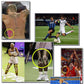 Sports muscle tape applied to athletes in action, marked areas on limbs.
