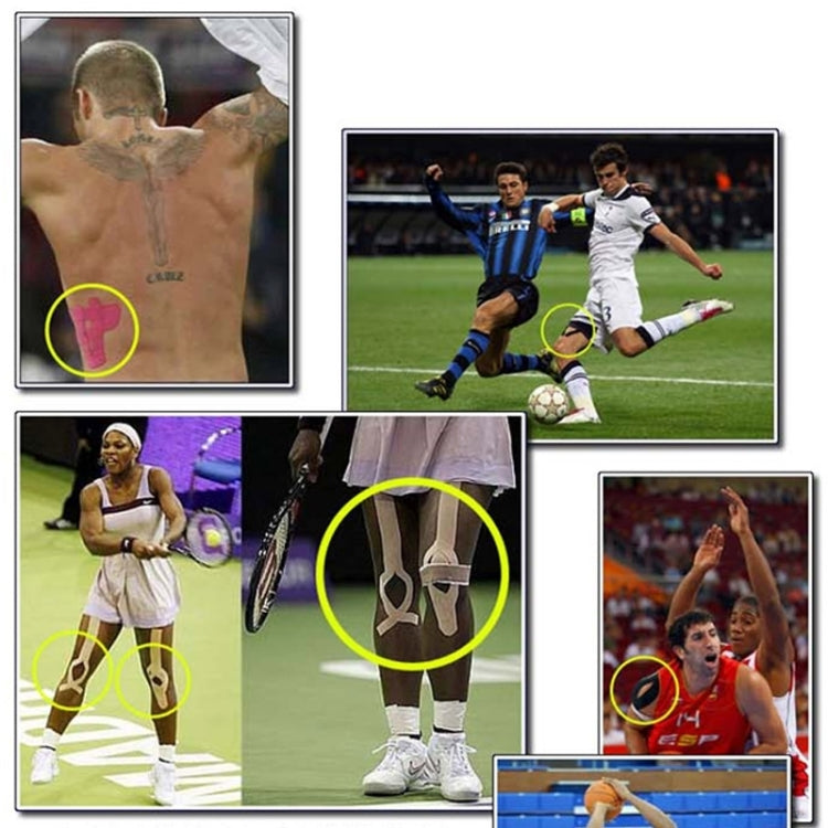 Sports muscle tape applied to athletes in action, marked areas on limbs.