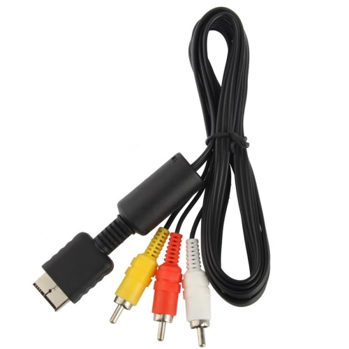 PS2 AV component cable with black cord, PS2 connector, and three RCA plugs