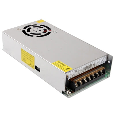 Regulated DC switching power supply with cooling fan grille, terminal block on side
