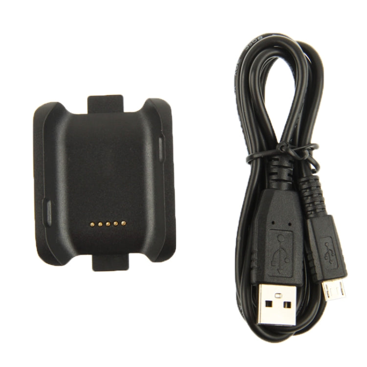 Black charging cradle dock with coiled USB cable for smartwatch charging