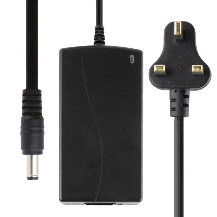 Black 12V DC power adapter with UK-style plug and DC barrel output