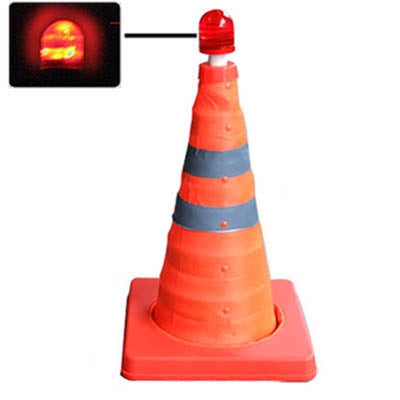 Traffic safety road cone with red beacon light and orange body, blue reflective bands