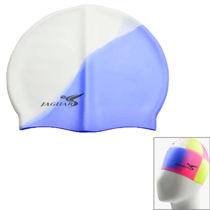 Two-tone silicone swimming cap, white and periwinkle blue with front logo