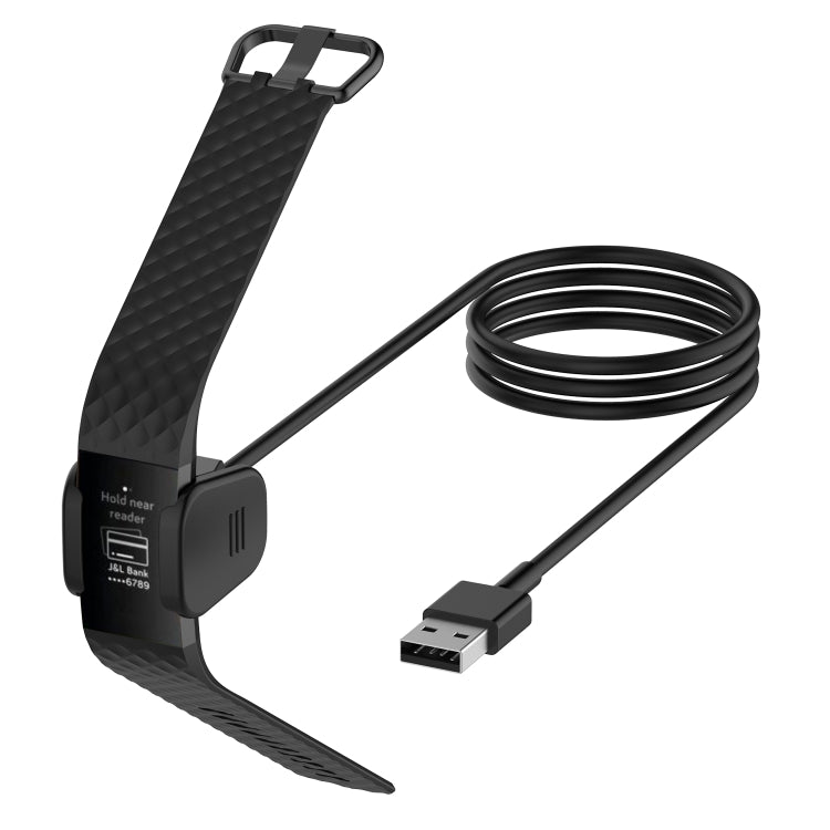 Black smart watch charger cable with clip-style magnetic dock and coiled cable