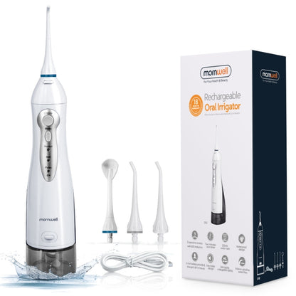 Mornwell D52 USB rechargeable water flosser with white handheld body and three nozzles