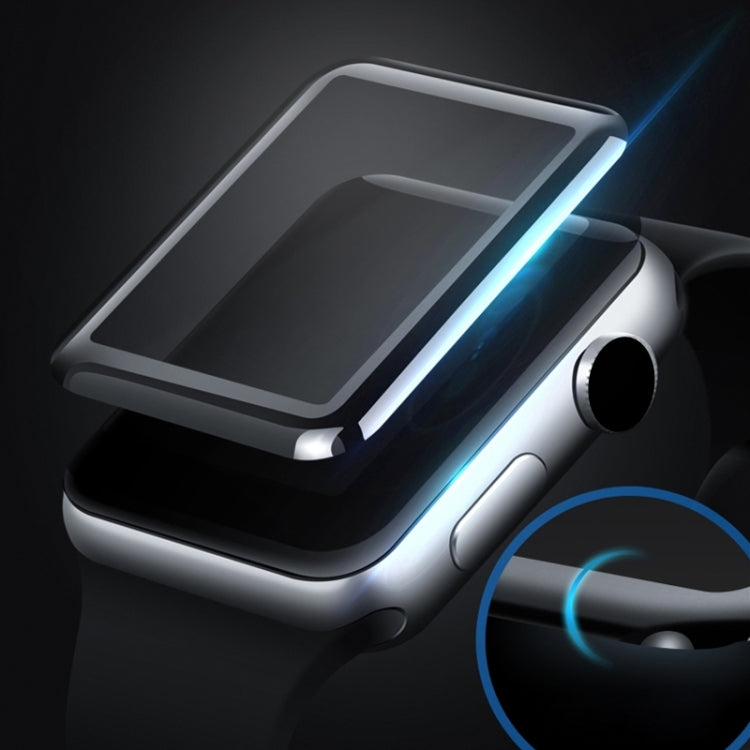 Tempered glass screen protector on Apple Watch display, curved edges, glossy black