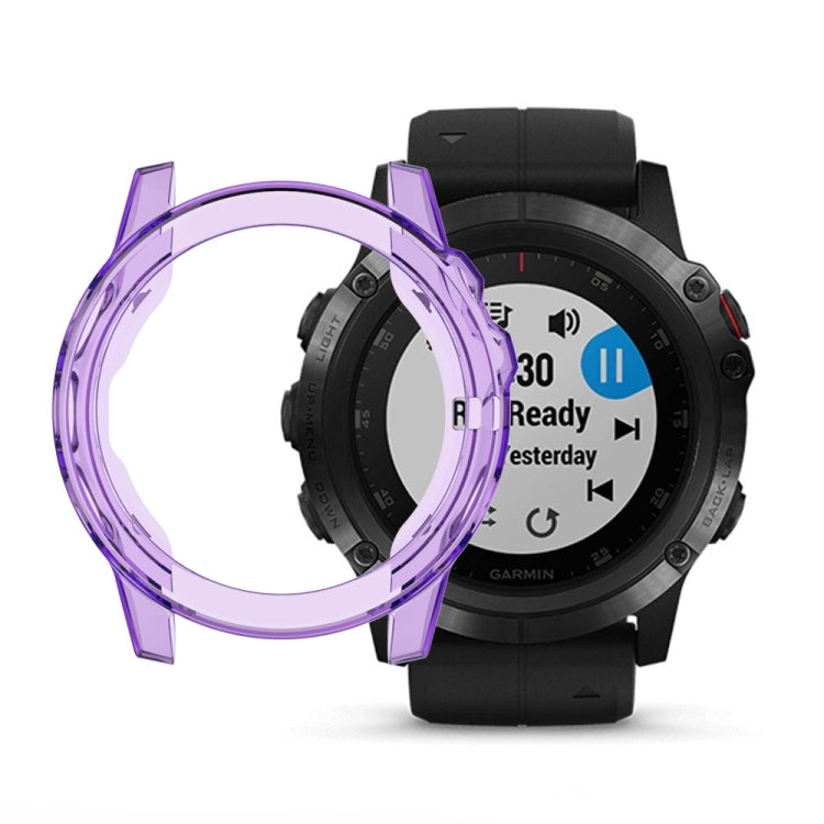 Purple transparent TPU watch case with raised bezel for Garmin Fenix 5 on black watch