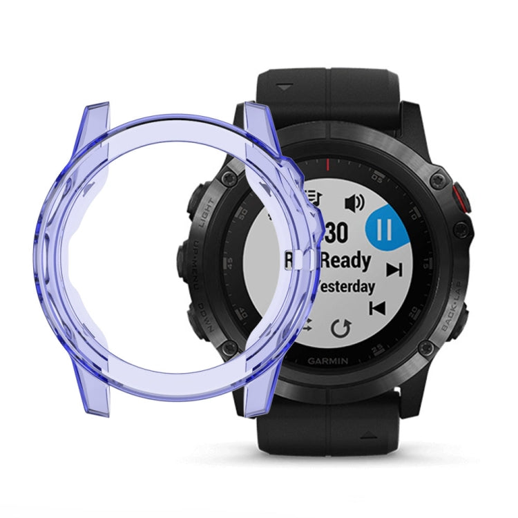 Blue transparent TPU watch case with raised bezel for Garmin Fenix 5 on black watch