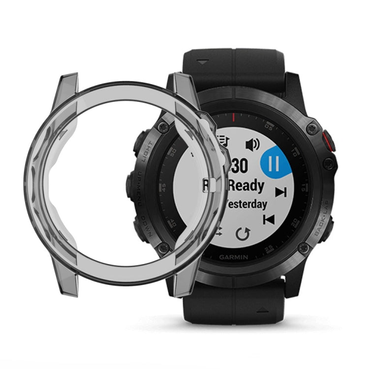 Gray transparent TPU watch case with raised bezel for Garmin Fenix 5 on black watch