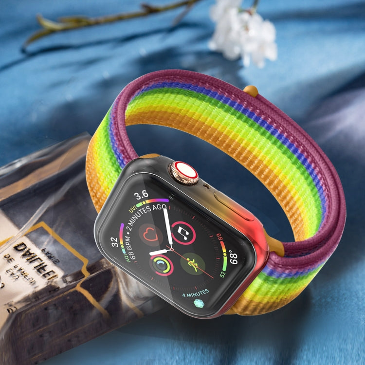 Apple Watch with gradient TPU protective case and rainbow strap, clear touchscreen cover