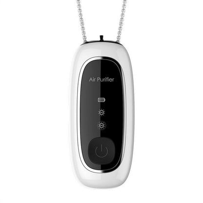 White rectangular portable air purifier with neck chain and front control panel.