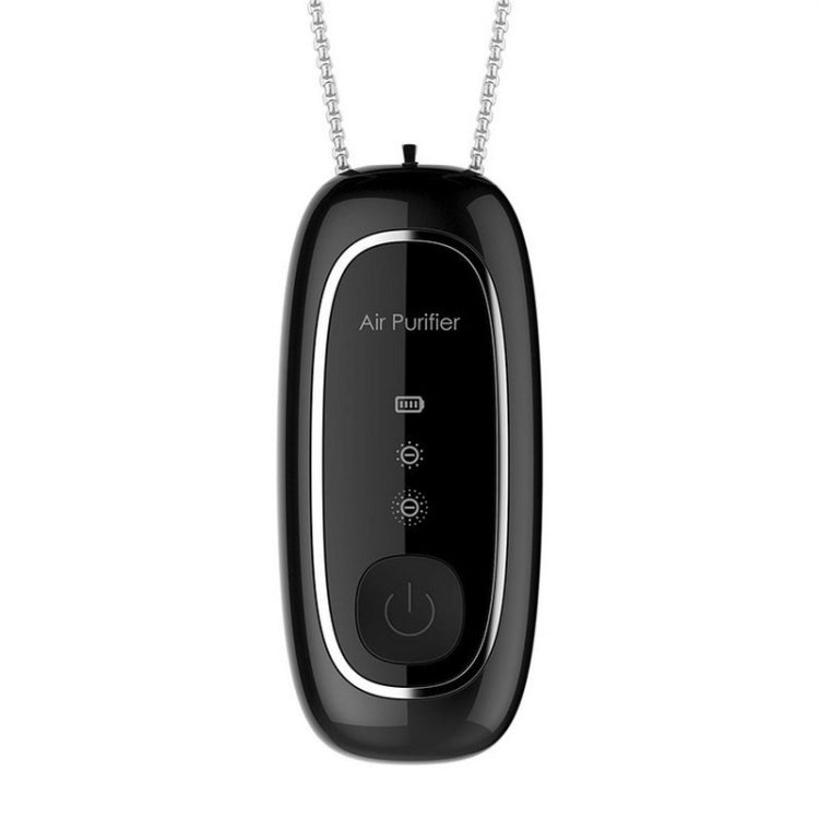 Black rectangular portable air purifier with neck chain and front control panel, close view.