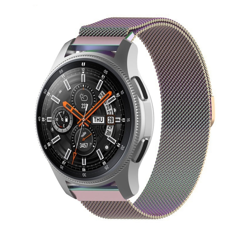 Smartwatch with pink and purple milanese mesh strap, gray case and black dial