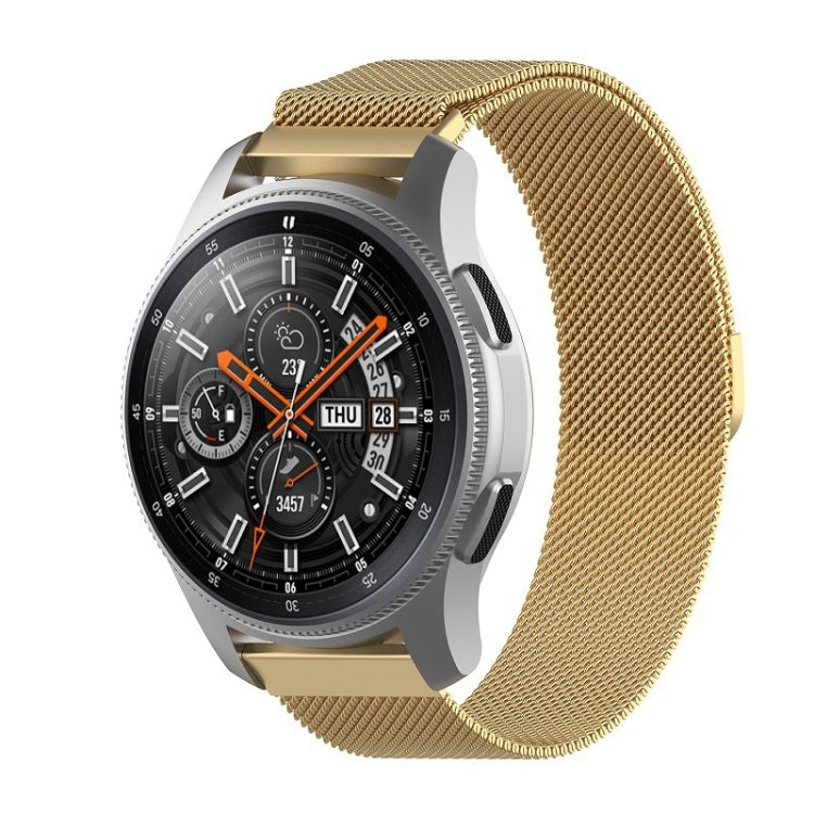 Smartwatch with gold-toned milanese mesh strap, gray case and black dial with orange markers