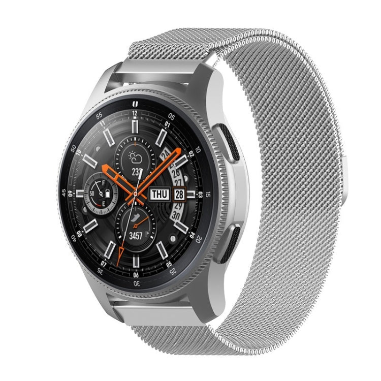 Smartwatch with silver milanese mesh strap, gray case and black dial with orange hands