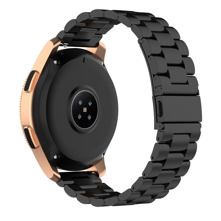 Three-bead stainless steel watch wrist strap, black metal links, shown on watch