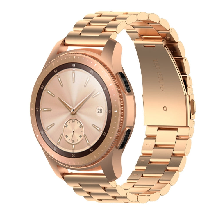 Three-bead stainless steel watch wrist strap, gold tone metal links, 20mm