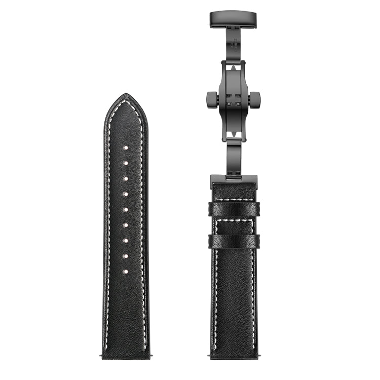 Black leather watch strap pieces with stitched edges and multiple sizing holes