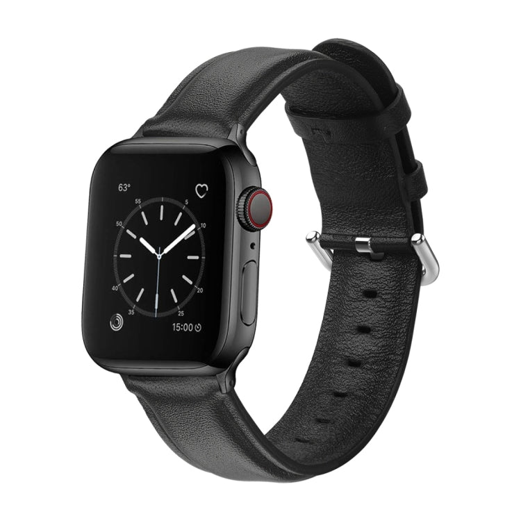 Black leather watch strap with round buckle and perforated holes, paired with smartwatch