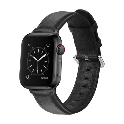 Black leather watch strap with round buckle and perforated holes, paired with smartwatch