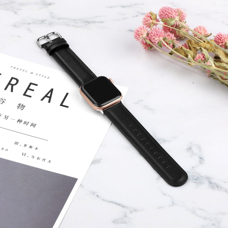 Black leather smartwatch strap with metal buckle and perforated sizing holes