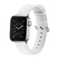 White leather watch strap with round buckle and perforated holes, paired with smartwatch