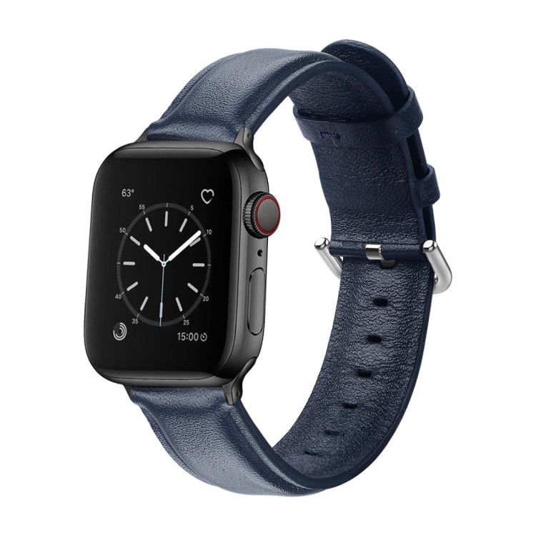Midnight blue leather watch strap with round buckle and perforated holes, paired with smartwatch