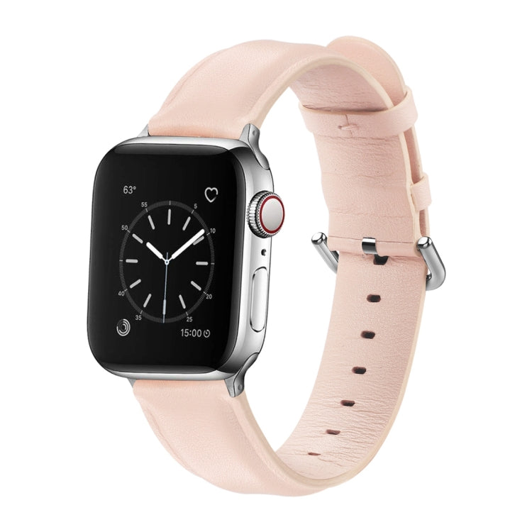Pink leather watch strap with round buckle and perforated holes, paired with smartwatch