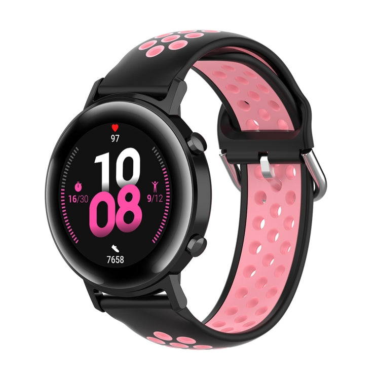 Silicone watch strap with buckle, black and pink perforated inner band