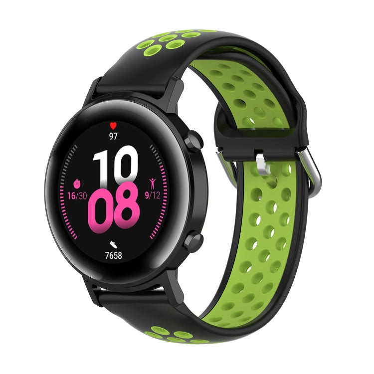 Silicone watch strap with buckle, black and green perforated inner band