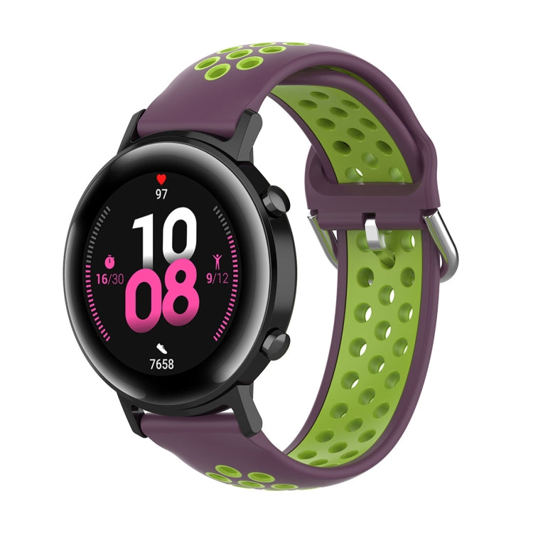 Silicone watch strap with buckle, purple exterior and green perforated inner band