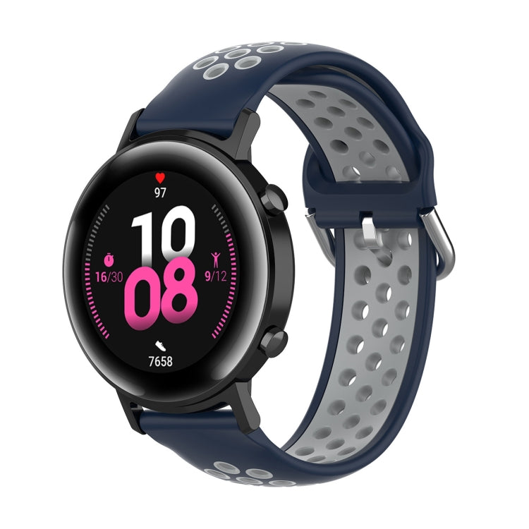 Silicone watch strap with buckle, navy blue exterior and gray perforated inner band