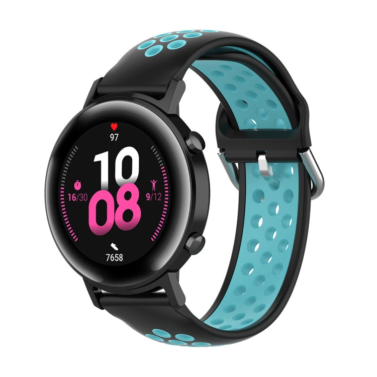 22mm silicone watch strap, perforated band, black and teal, metal buckle
