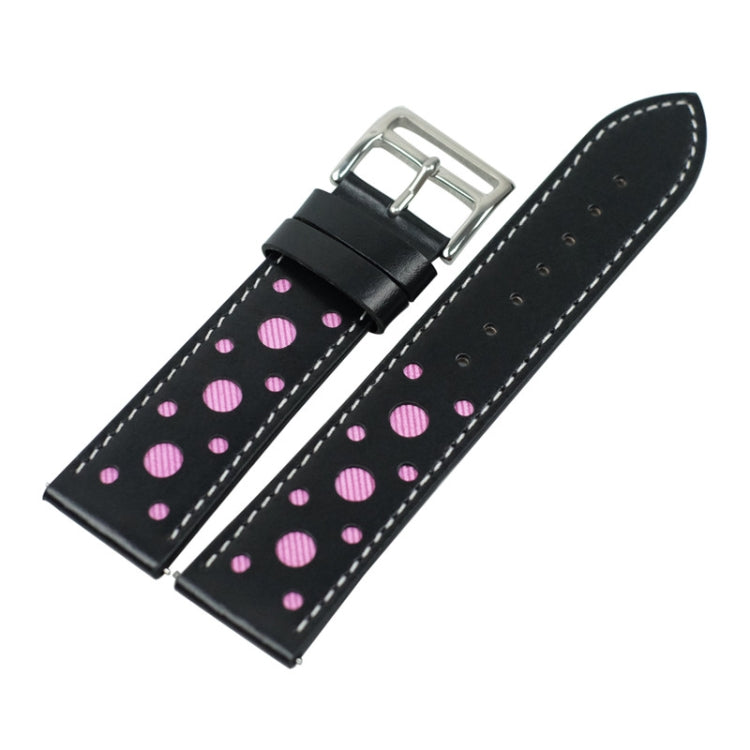Black leather watch strap with pink polka dots and silver metal buckle