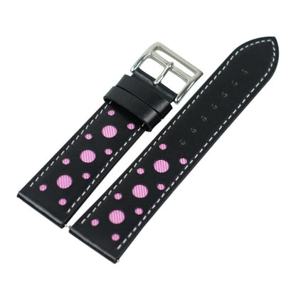 Black leather watch strap with pink polka dots and silver metal buckle