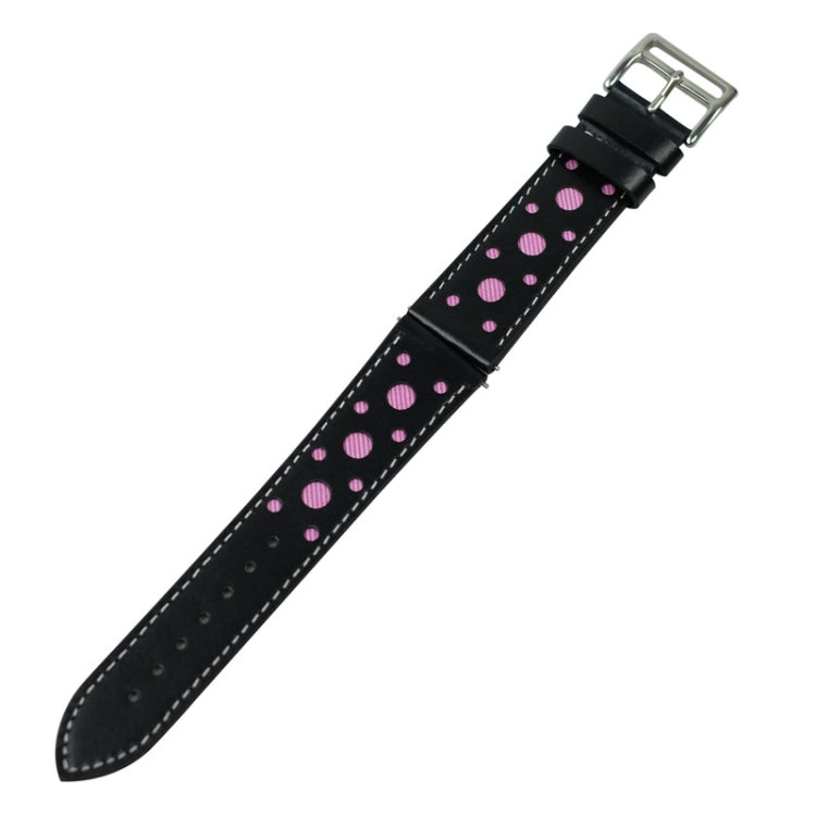 Black leather watch strap with pink polka dots and silver buckle, single band