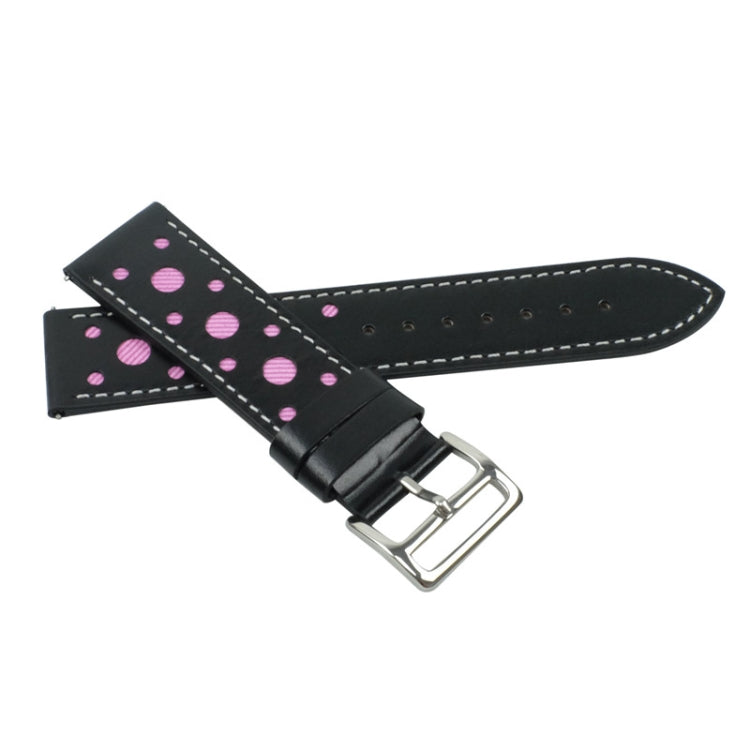 Black leather watch strap with pink polka dots, two-piece view with silver buckle
