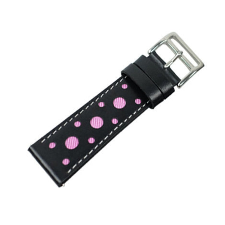 Black leather watch strap with pink polka dots and silver buckle, short end view