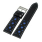 Black leather watch strap with blue polka dots and silver metal buckle