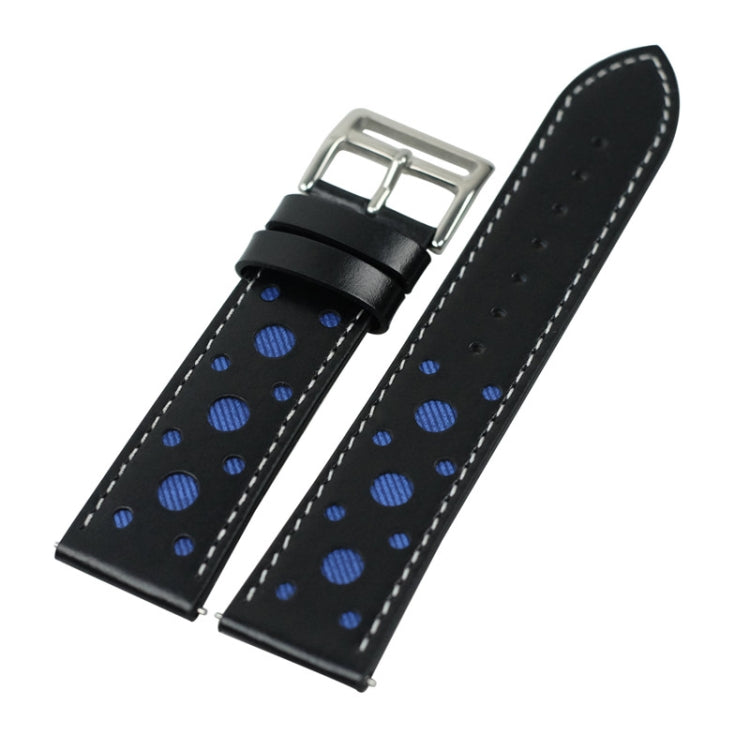 Black leather watch strap with blue polka dots and silver metal buckle