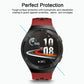 Tempered glass screen protector film on smartwatch display, clear glass surface