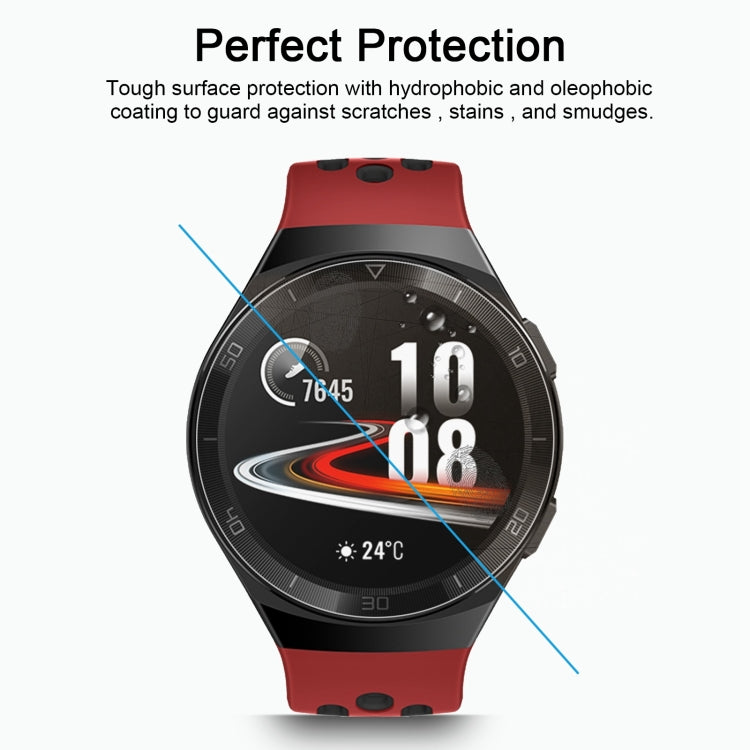 Tempered glass screen protector film on smartwatch display, clear glass surface