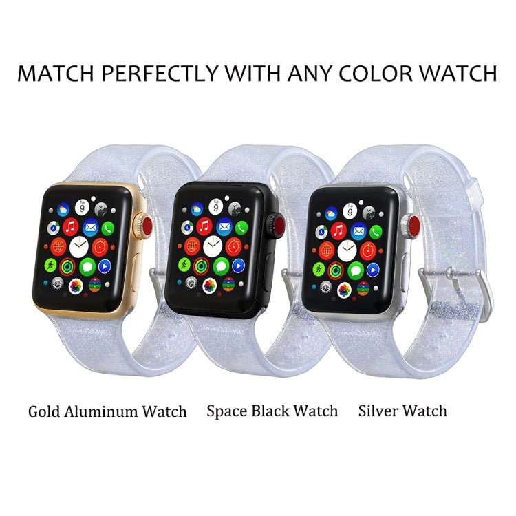 Three glitter silicone watch straps: light blue, silver, and black with clear connectors
